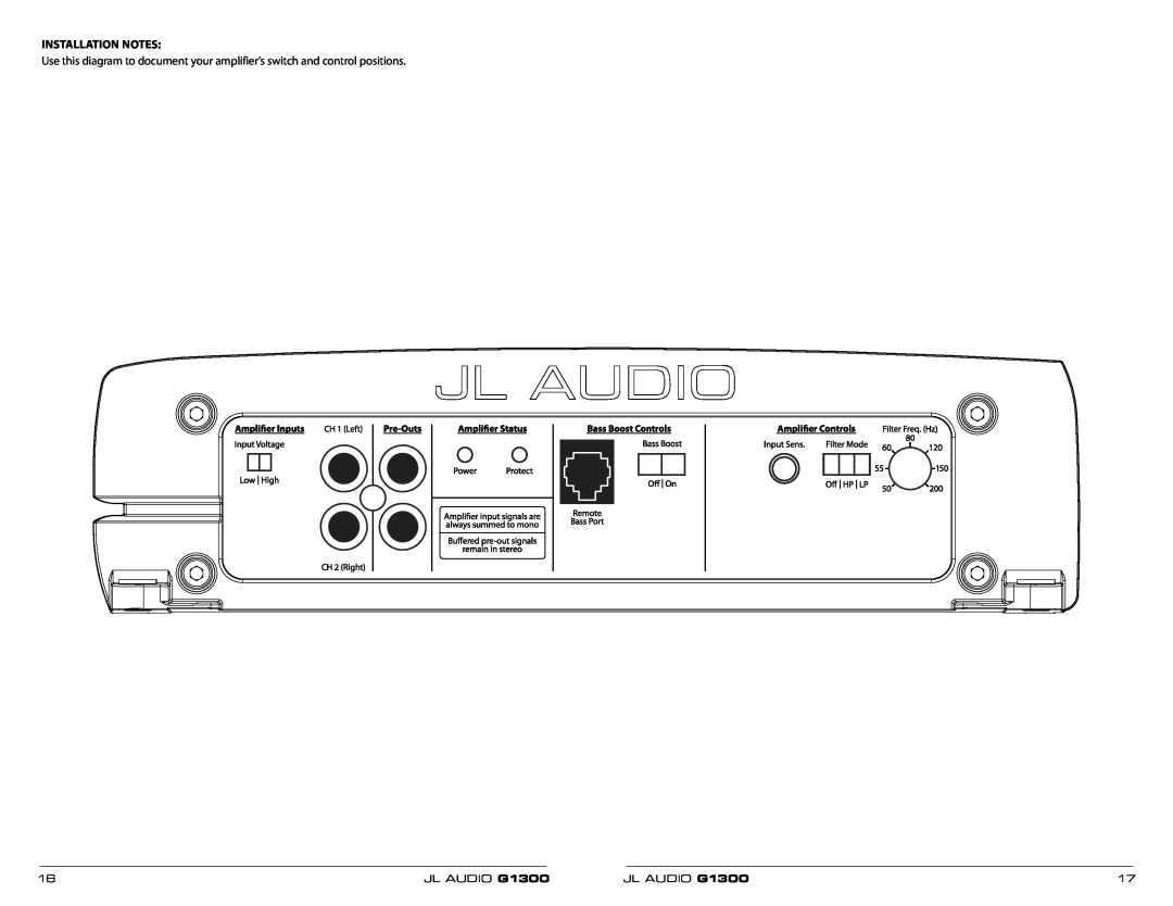 JL Audio 300w owner manual Installation Notes, JL AUDIO G1300 